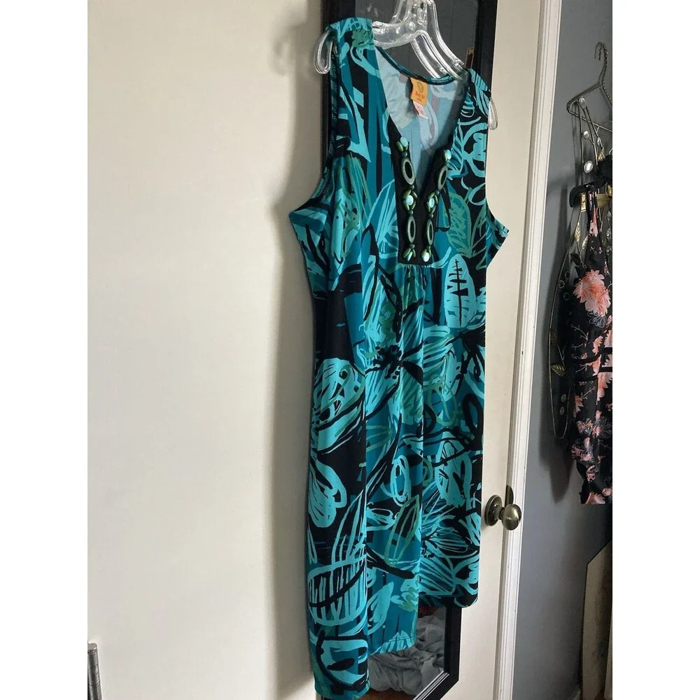 Ruby Rd. Dress Shift PL Floral Blue Green Embellished V-Neck Excellent Condition